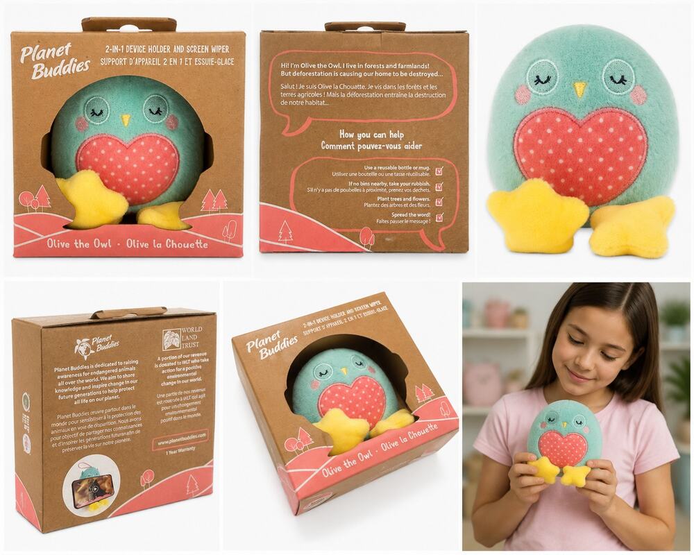 Planet Buddies "Olive the Owl" 2-in-1 Device Holder & Screen Wiper Plush